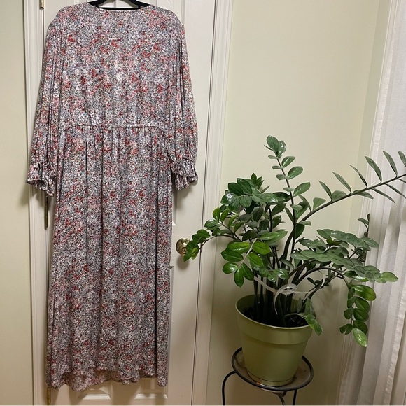 Sky and Sand Floral Lace Trim Tie Waist Puff Sleeve Long Maxi Dress Plus 2X - Picture 3 of 10